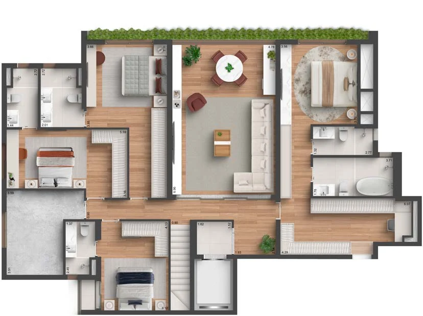 Planta do Quarten Ibirapuera: 395 m² · 4 suítes, terraço íntimo